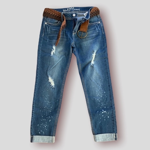 WALLFLOWER Junior size 7 Cuffed Capri Denim Blue Jeans with Belt - Picture 1 of 13